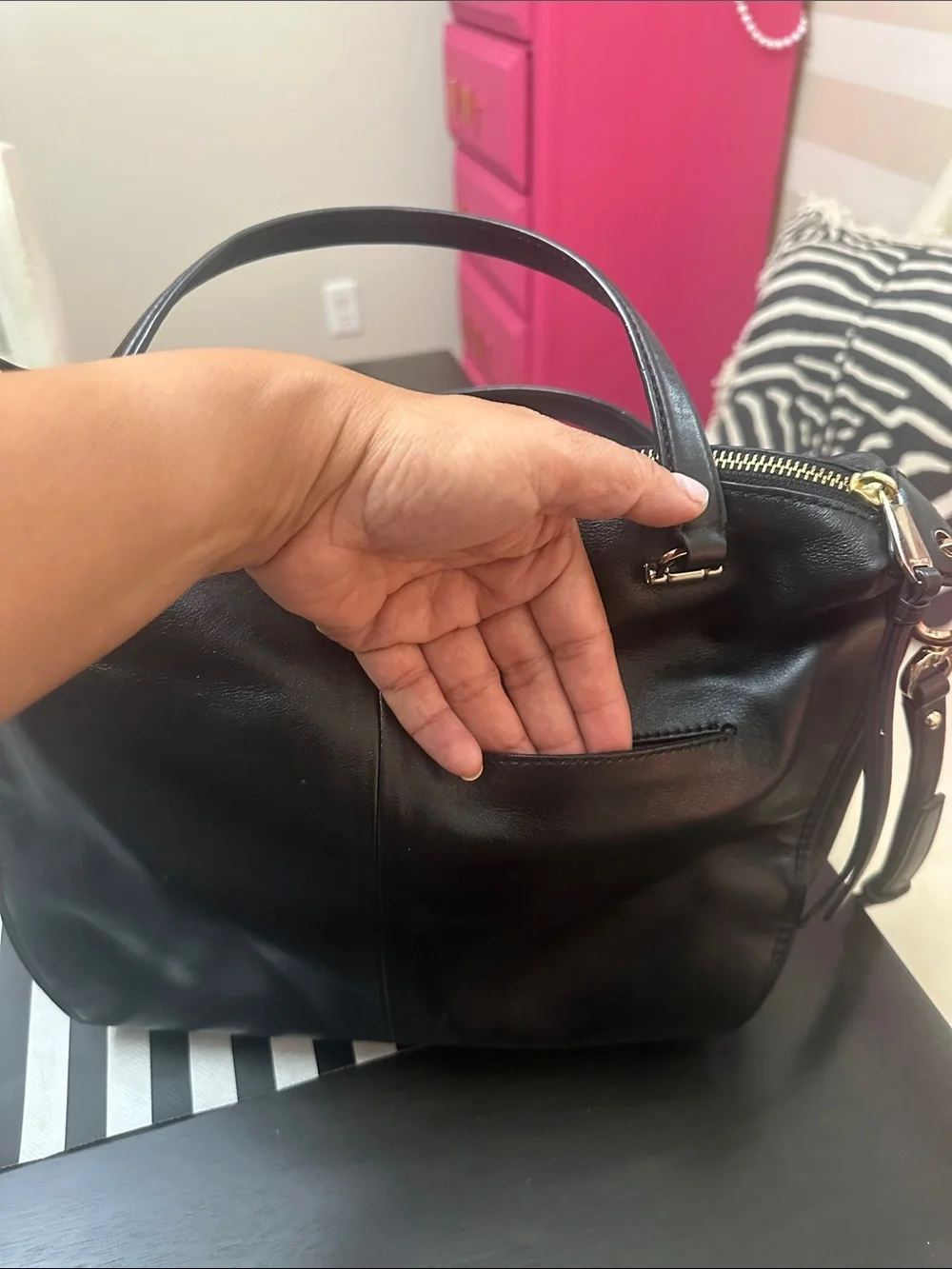 Chic Coach Black Leather Crossbody Satchel with Gold Hardware